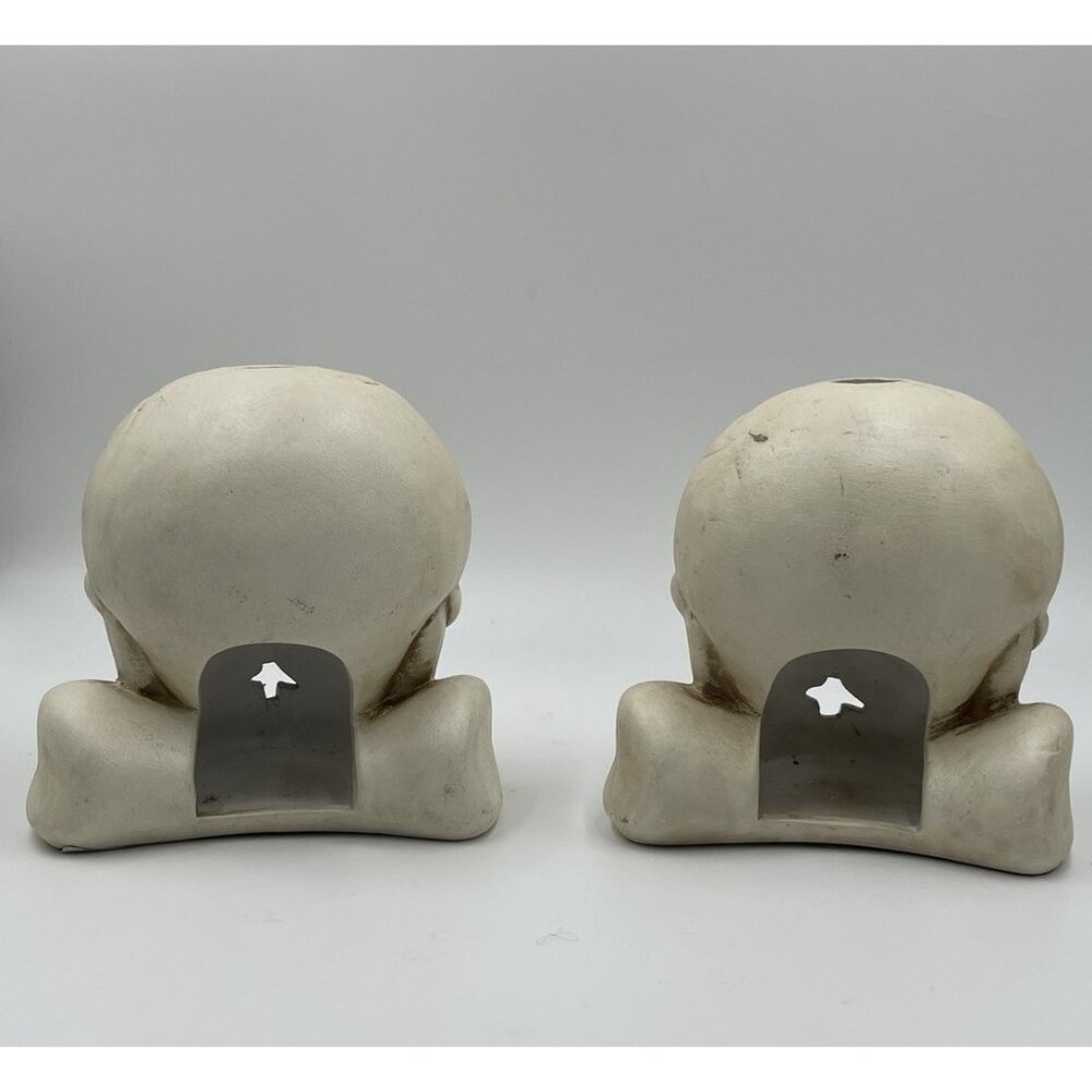 Vintage Halloween Decor Ceramic Set 2 Skull Candle Holders - Picture 6 of 12